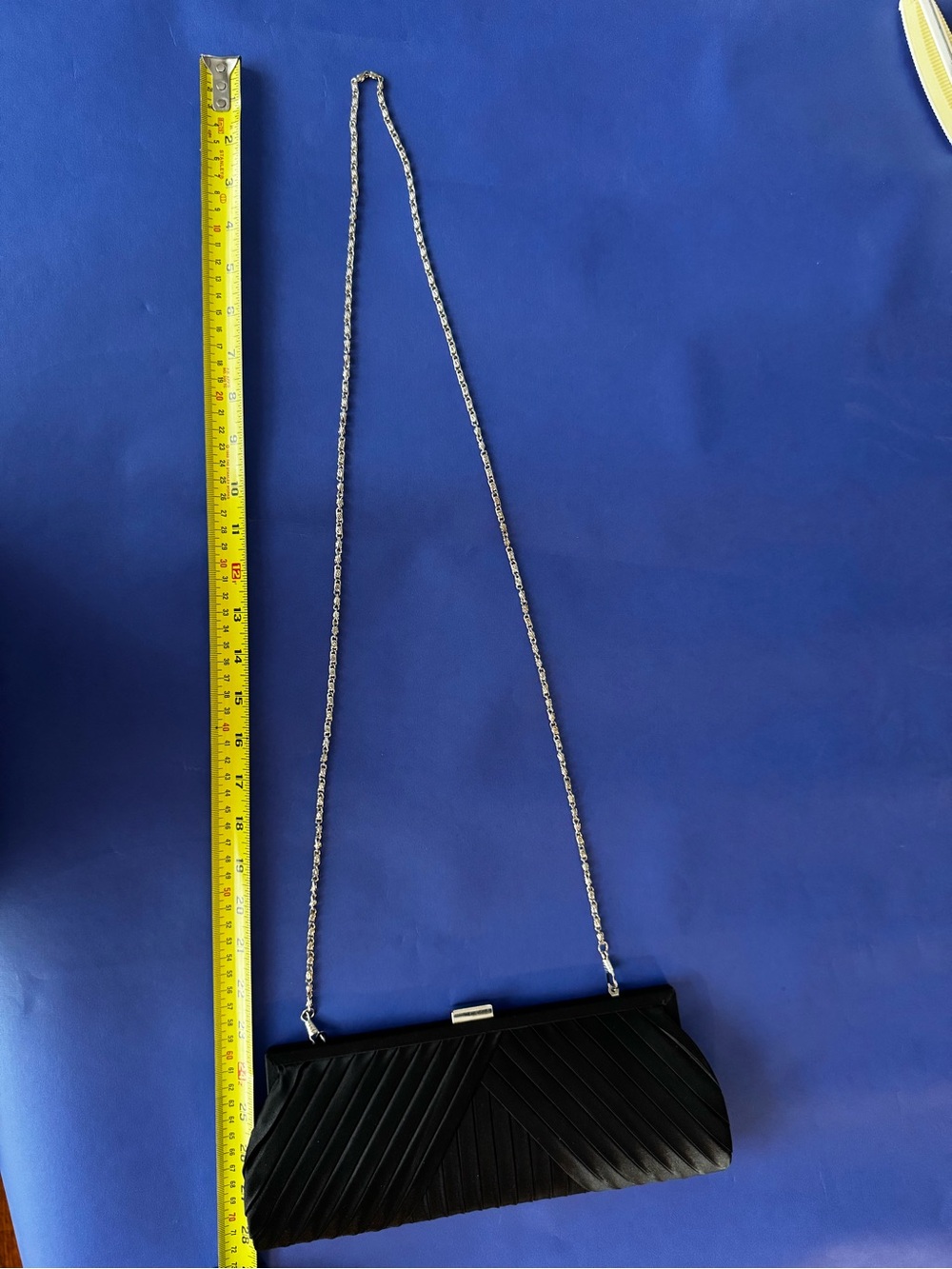 Black Satin Pleated Evening Clutch with Silver Chain - Picture 6 of 6